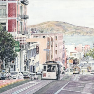 San Francisco, California, Iconic, Cable Car, Streetscape, Landmark, Watercolor Painting, Fine Art Print, Wall Art