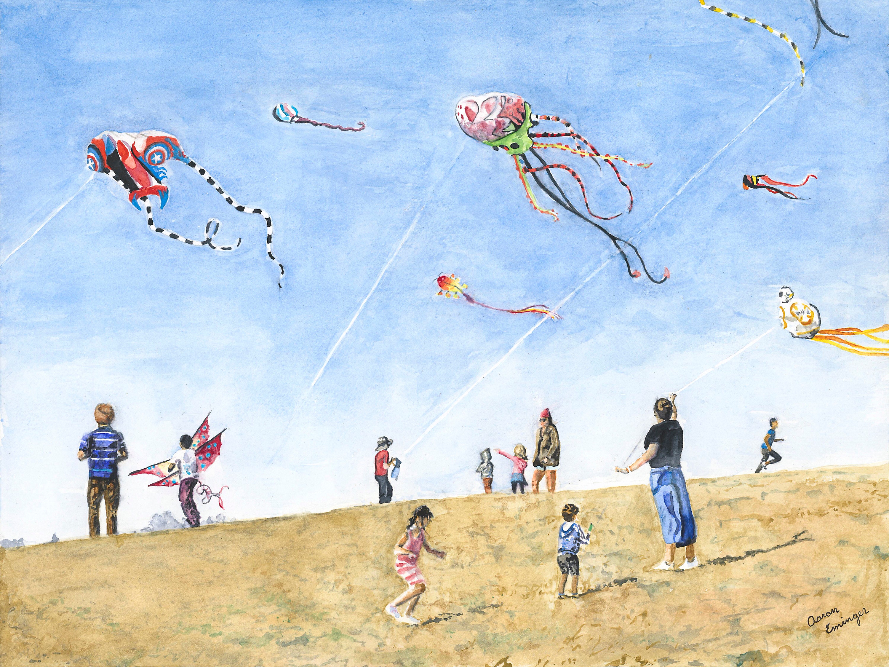 Kite Festival at the Marina, Berkeley, CA Watercolor Art Giclee Print