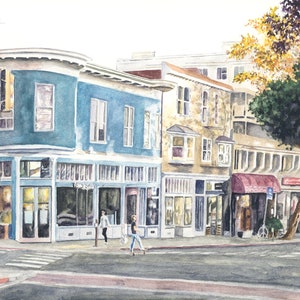 May include: Watercolour painting of a street scene with a blue building on the corner, a tan building next to it, and a tree in the background. There are two people walking on the pavement in front of the buildings.