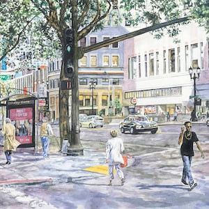 Oakland, California, Downtown Scene, City Center, Watercolor Painting, Streetscape, Fine Art Print, Wall Art
