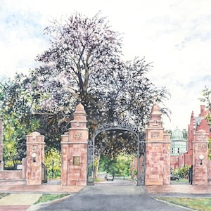 Massachusetts, Mount Holyoke College, entrée principale, aquarelle, monument, impression d'art, oeuvre d'art mural