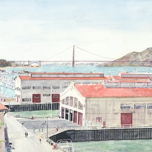 San Francisco, California, Golden Gate Bridge, Fort Mason, Landmark, Landscape, Watercolor Painting, Fine Art Print, Wall Art