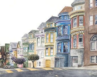 Könnte beinhalten: Ein Aquarellgemälde einer Reihe viktorianischer Häuser an einer abschüssigen Straße. Die Häuser weisen vielfältige architektonische Details, Erkerfenster und eine Palette aus Blau-, Gelb-, Grün- und Brauntönen auf. Die Signatur ist unten sichtbar.