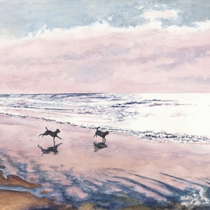 San Francisco, California, Ocean Beach, Sunset Theme, Dogs Playing, Watercolor Painting, Landscape, Fine Art Print, Wall Art