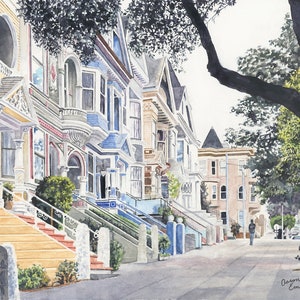 San Francisco, California, Haight Ashbury, Victorian Painted Ladies, Iconic, Streetscape, Watercolor Painting, Fine Art Print, Wall Art