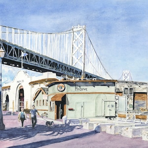 San Francisco, California, Bay Bridge, Embarcadero, Waterfront Scene, Watercolor Painting, Landmark, Fine Art Print, Wall Art