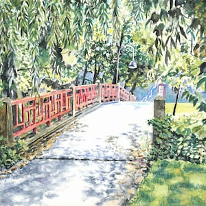 Red Bridge at Smith College, Northampton, MA - Watercolor Art - Giclee Print - Landscape - Fine Art Painting