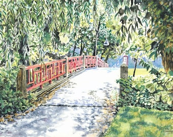 Red Bridge at Smith College, Northampton, MA - Watercolor Art - Giclee Print - Landscape - Fine Art Painting