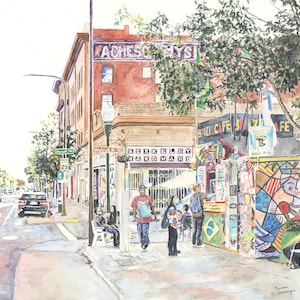 Berkeley, California, Escena callejera, Tema de cafetería, Punto de referencia, Paisaje, Pintura de acuarela, Impresión de bellas artes, Arte mural