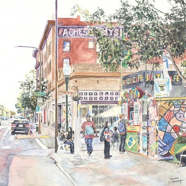 Sidewalk Cafe, Berkeley, CA - Watercolor Art - Giclee Print - Landscape - Fine Art Painting