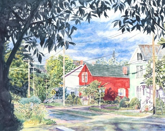 Easthampton, Massachusetts, Downtown, Summer Theme, Streetscape, Watercolor Painting, Fine Art Print, Wall Art