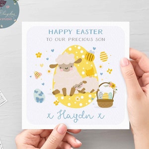 Carte de Pâques personnalisée pour fils, carte d'agneau de Pâques pour lui, mignon bleu|carte d'agneau de Pâques jaune pour bébé fils