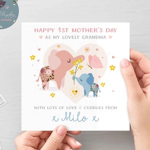 Bonne fête des mères personnalisée 1ère fête des mères à grand-mère, Nana, carte de nounou, première carte d’éléphant mignon de la fête des mères à grand-mère, nounou, Nana de petit-fils