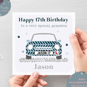 パーソナライズされた男の子学習者向け運転免許証 17 歳の誕生日カード (孫用)、孫の 17 歳の誕生日カード、特別な孫の 17 歳の誕生日カード