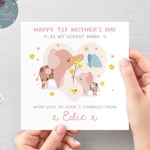 Personalizado Feliz 1er Día de la Madre A la abuela, Nana, Tarjeta de niñera, Primer Día de las Madres Linda tarjeta de elefante a la abuela, Nana de la nieta