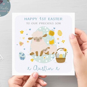 Première carte de Pâques personnalisée pour fils, 1ère carte d'agneau de Pâques pour lui, jolie carte d'agneau de Pâques rose pour bébé fils