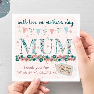 Tarjeta personalizada del Día de la Madre Feliz, tarjeta del Día de la Madre para mamá maravillosa, tarjeta floral del Día de la Madre con letras de mamá y etiqueta de identificación personalizada