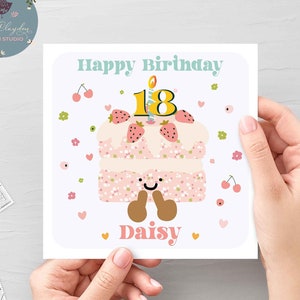 Tarjeta de cumpleaños personalizada con forma de pastel para el decimoctavo cumpleaños, tarjeta con nombre personalizada para el decimoctavo cumpleaños, tarjeta de cumpleaños con forma de pastel con fresas y velas