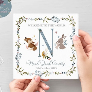 Tarjeta personalizada de Fox y Conejo Nueva Bebé, Tarjeta De Carta De Conejito Y Fox Baby Boy, Nueva Tarjeta De Bebé Conejo Y Zorro, Tarjeta Inicial Baby Blue