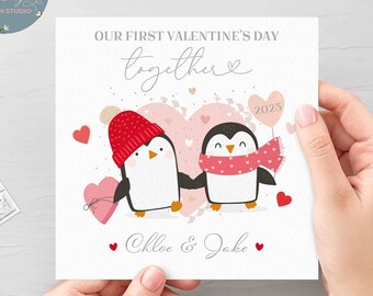 Personalised First Valentine's Day Together Card, Valentine's Day Card Together, Cute Penguin Valentine's Card For Couple