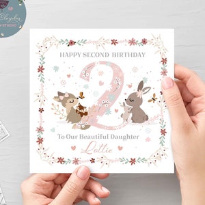 Deuxième carte d'anniversaire personnalisée pour fille, 2e carte d'anniversaire pour bébé fille, carte d'anniversaire rose personnalisée pour fille
