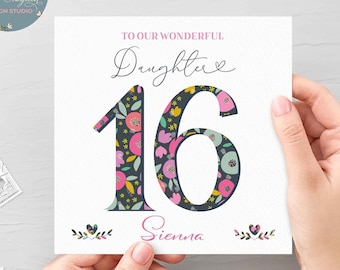 Personalised 16th Floral Birthday Card for Daughter, Daughter Sixteenth Birthday, Wonderful Daughter 16th Card