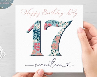 Carte d’anniversaire florale personnalisée 17th, carte d’anniversaire Seventeeth pour elle, carte d’anniversaire 17th pour fille