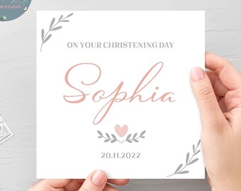 Personalised Christening Day Card, Baptism Card, Pink Heart Personalised Christening Card, Greeting Card For Baby Girl