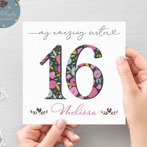 Tarjeta de cumpleaños floral personalizada Sister Floral, tarjeta de cumpleaños 16 para hermana, decimosexta tarjeta para ella