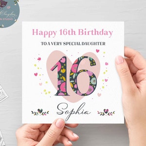 Personalisierte 16. Floral Herz Geburtstagskarte für Tochter, Tochter sechzehnten Geburtstag, wunderbare Tochter 16.