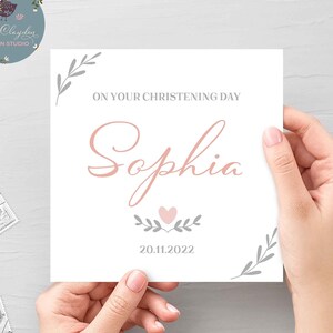 Personalisierte Taufkarte, Taufkarte, Taufkarte Rosa Herz, Grußkarte für Baby Mädchen