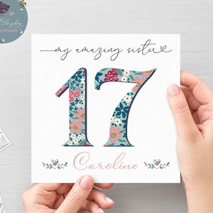 Tarjeta de cumpleaños floral personalizada de la hermana 17, tarjeta de cumpleaños número 17 para la hermana, decimoséptima tarjeta para ella