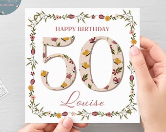 Personalised 50th Floral Birthday Card, Personalised 50th Birthday Card for Her, 50th Birthday Name Card For Friend