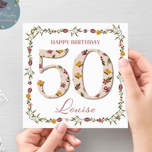 Tarjeta de cumpleaños floral personalizada del 50, tarjeta de cumpleaños número 50 personalizada para ella, tarjeta con el nombre del 50 cumpleaños para un amigo