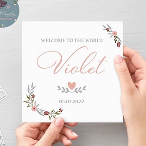 Personalisierte Herz-Baby-Karte, Neue Baby-Mädchen-Namenskarte, neue Baby-Mädchen-Rosa-Herz-Personalisierte Karte