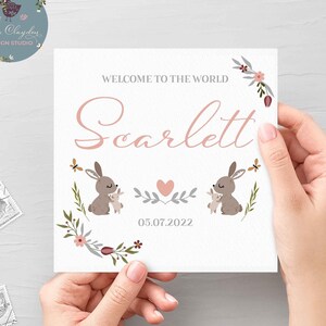 Personalisierte Kaninchen neue Baby Karte, neue Baby Mädchen Bunny Karte, neues Baby Mädchen personalisierte rosa Namenskarte