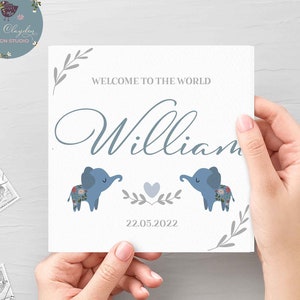 Tarjeta de bebé nueva de elefante personalizada, nueva tarjeta de elefante de bebé, nueva tarjeta de nombre azul personalizada de bebé