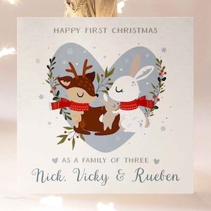 Première carte de Noël personnalisée en famille de trois personnes, première carte familiale cœur bleu de Noël, première carte de renne et de lapin de Noël