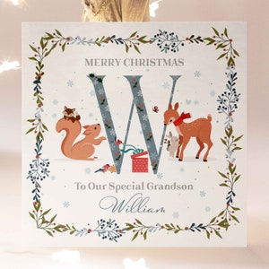 Personalisierte Weihnachtskarte für Enkel, Eichhörnchen- und Hirsch-Karte für Enkel, personalisierte spezielle Enkel-Weihnachtskarte, Enkel-Karte