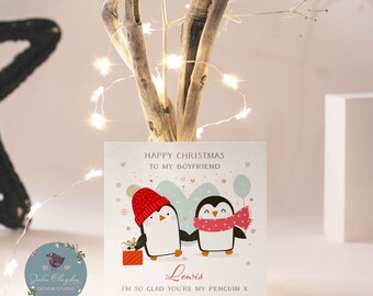 Boyfriend Penguin Love Square Christmas Card - 148.5mm Square, Blank Inside, With Envelope