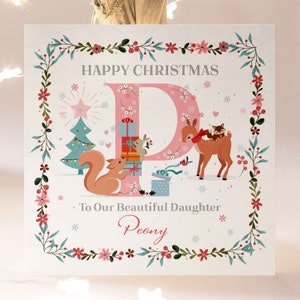 Tarjeta de Navidad personalizada para hija, linda tarjeta de Navidad para niña, tarjeta de Navidad con nombre inicial rosa para hija