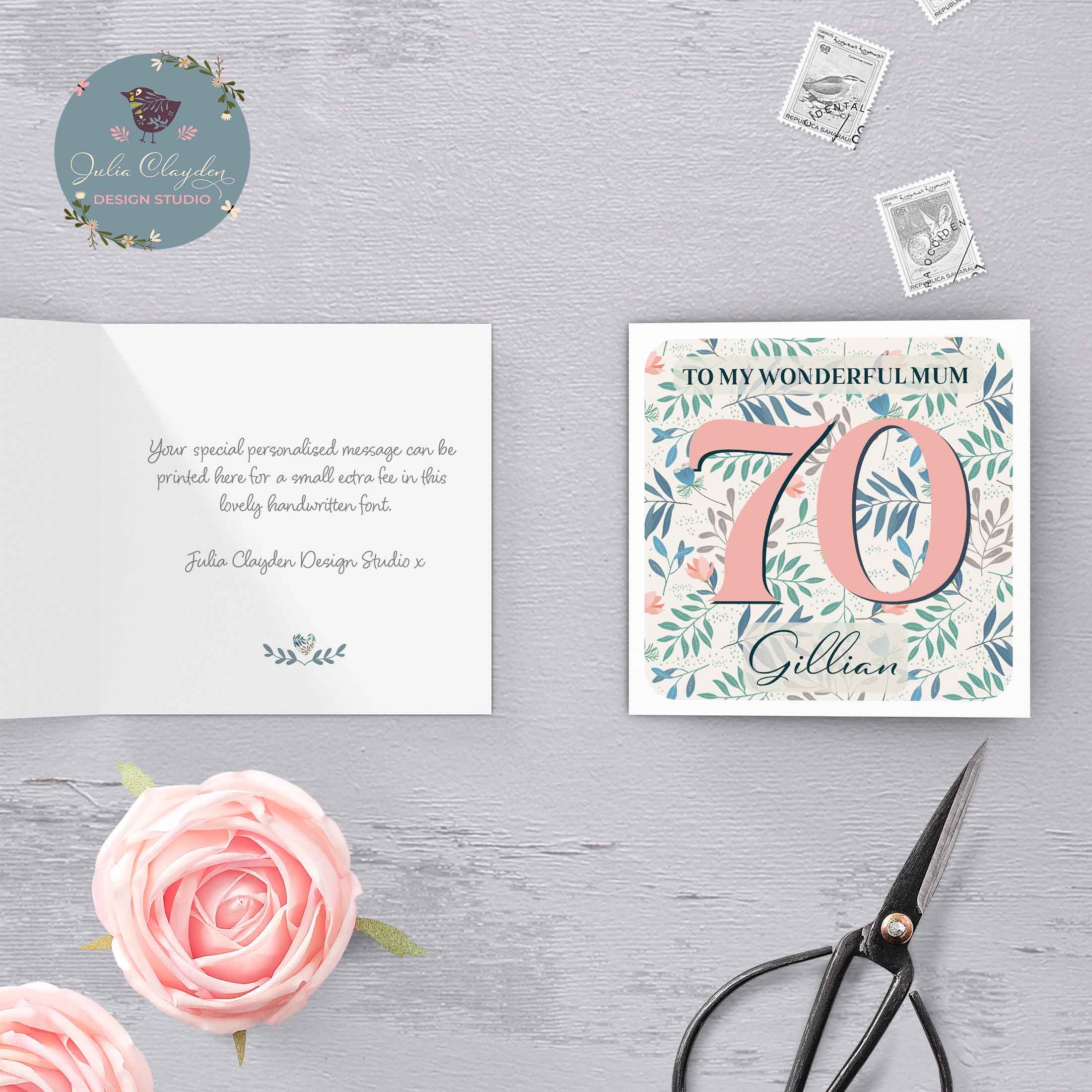 Personalised 70th Floral Birthday Card for Mum, 70th Birthday Mum Card ...