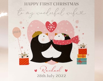 Personalised First Christmas Card For Wife, Penguins Heart 1st Christmas Card For Wife, Personalised Wife 1st Xmas Card