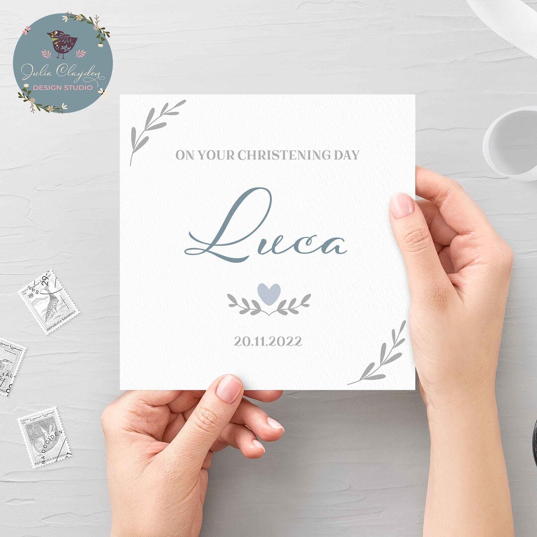 Personalised Christening Day Card, Baptism Card, Blue Heart