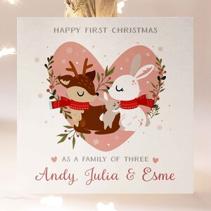 Première carte de Noël personnalisée en famille de trois personnes, première carte de famille coeur rose de Noël, première carte de renne et de lapin de Noël