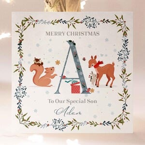 Personalisierte Weihnachtskarte für Sohn, Eichhörnchen- und Hirsch-Karte für Sohn, personalisierte Sohn-Weihnachtskarte, spezielle Sohn-Karte