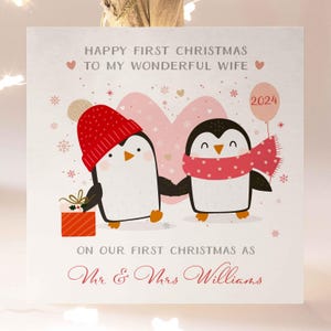 Personalisierte erste Weihnachtskarte für Frau, Pinguin Paar 1.Weihnachtskarte für Frau, benutzerdefinierte Frau Mr & Mrs Nachname 1.Weihnachtskarte 2024