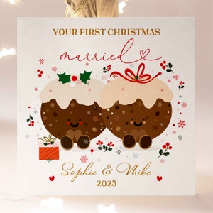 Personalizó su primera tarjeta navideña de casados, linda tarjeta de pudines navideños casados, 1a tarjeta de Navidad para el señor y la señora, tarjeta de pareja casada