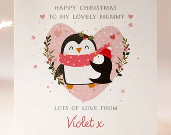 Personalised Penguin Christmas Card For Mummy From Daughter Or Son, Mummy Christmas Card, Cute Christmas Card For Mum