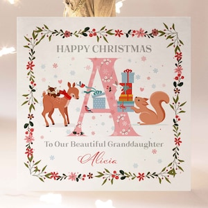 Tarjeta de Navidad personalizada para nieta, nieta linda tarjeta de Navidad inicial rosa, tarjeta de Navidad con nombre de nieta